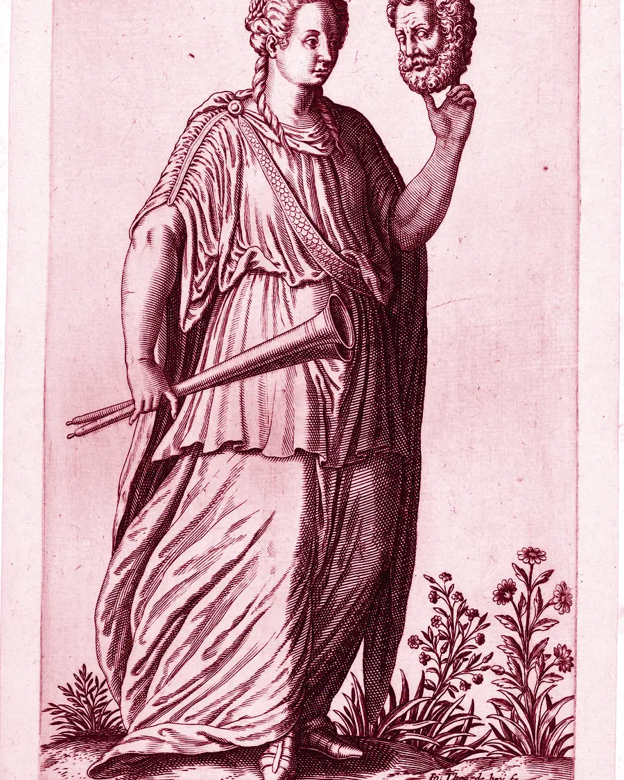 An engraving of Calliope, the Muse of epic poetry, with a trumpet and the mask of Hercules.